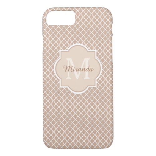 Preppy Tan Quatrefoil Mongogram With Name iPhone 87 Case