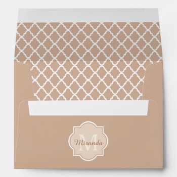 Preppy Tan Quatrefoil Mongogram With Name Envelope by ohsogirly at Zazzle