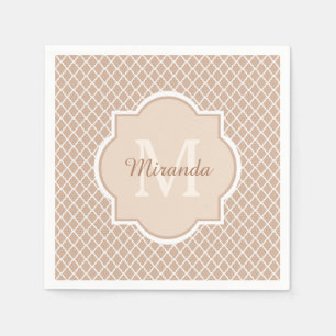 Preppy Tan Quatrefoil Mongogram With Name Paper Napkins
