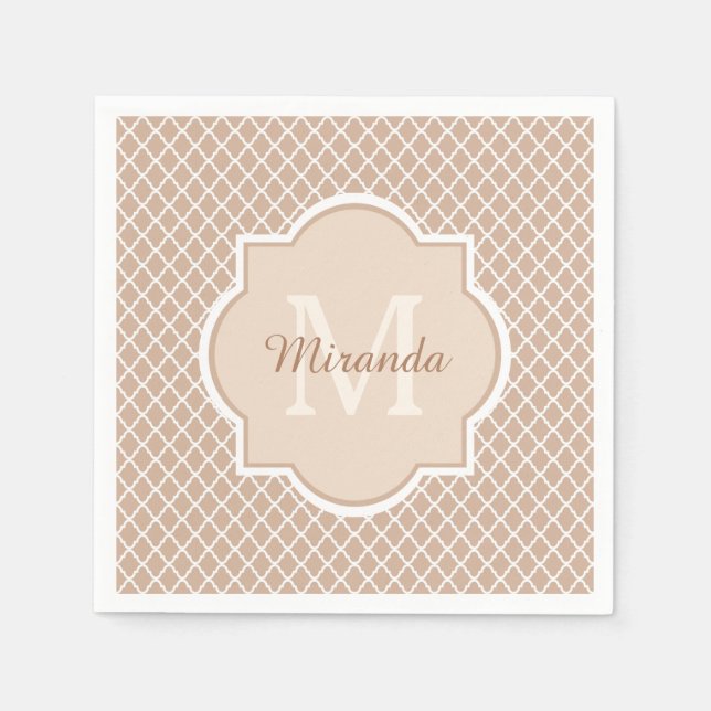 Preppy Tan Quatrefoil Mongogram With Name Paper Napkins (Front)