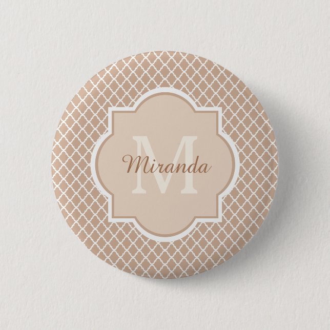 Preppy Tan Quatrefoil Mongogram With Name Pinback Button (Front)