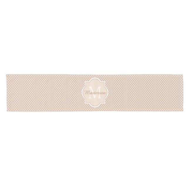 Preppy Tan Quatrefoil Mongogram With Name Short Table Runner (Horizontal)
