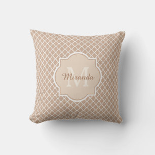 Preppy Tan Quatrefoil Mongogram With Name Throw Pillow