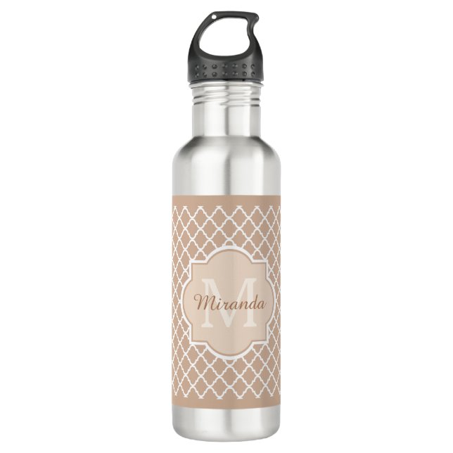 Preppy Tan Quatrefoil Mongogram With Name Water Bottle (Front)