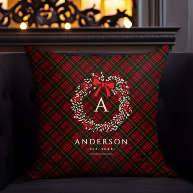 Preppy Tartan Holiday Wreath Monogram & Name Throw Pillow (Creator Uploaded)