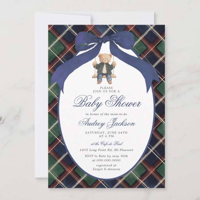 Preppy Tartan Plaid Ralph Polo Bear Baby Shower Invitation (Front)