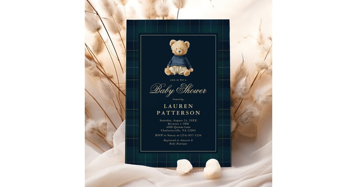 Preppy Tartan Polo Bear Baby Shower Invitation | Zazzle