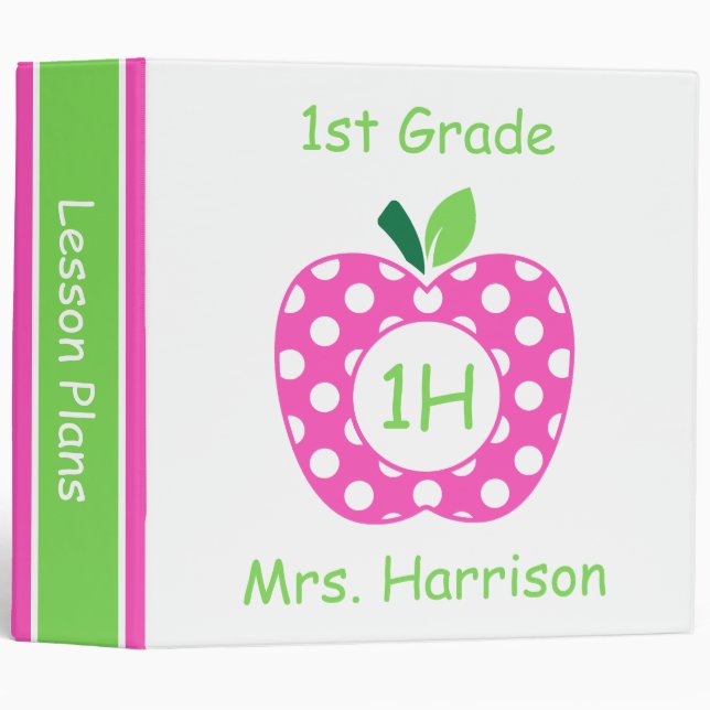 Preppy Teacher's Apple Pink and Green Personalized 3 Ring Binder (Front/Spine)