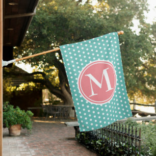 Preppy Teal and Coral Pink Polka Dot Monogram House Flag