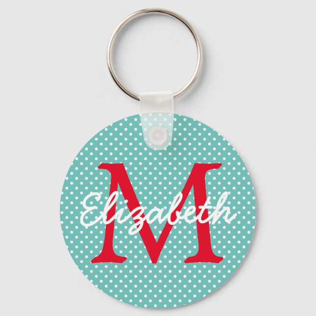 Preppy Teal and Red Polka Dot Monogram Keychain (Front)