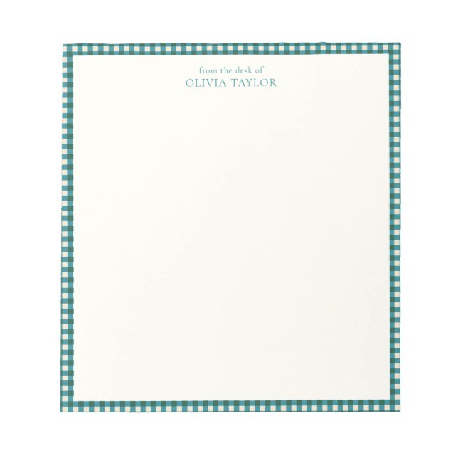 Preppy Teal Blue Gingham Plaid Personalized Name Notepad (Front)