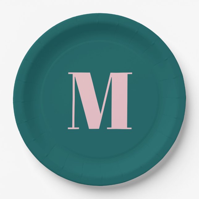 Preppy Teal Pink Modern Feminine Monogrammed Party Paper Plates (Front)
