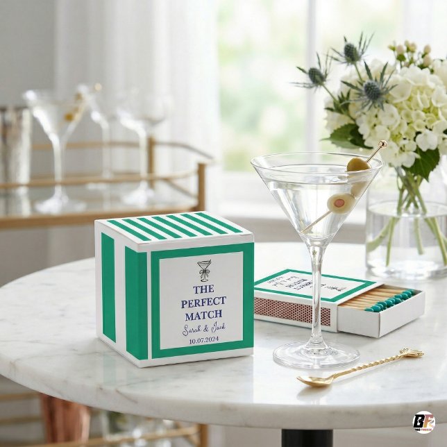 Preppy Teal Striped "The Perfect Match" Wedding Favor Boxes (Creator Uploaded)