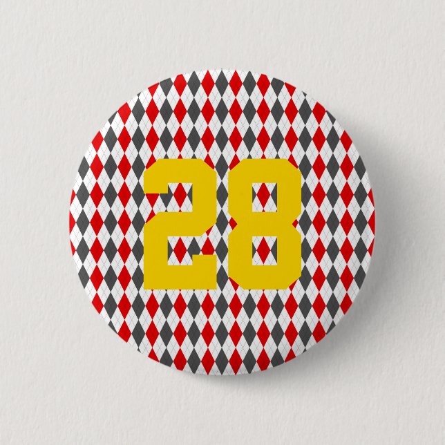 Preppy Team Spirit Argyle Red Black Yellow Number Button (Front)