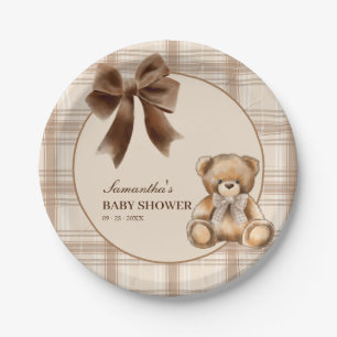 Preppy Teddy Bear Beige Plaid Baby Shower Paper Plates