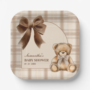 Preppy Teddy Bear Beige Plaid Baby Shower   Paper Plates