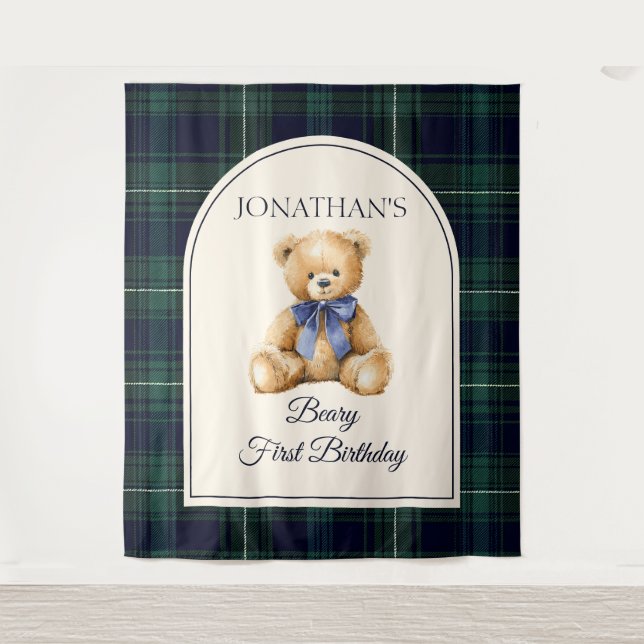 Preppy Teddy Bear Birthday Photo Backdrop (Front)