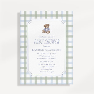 Preppy Teddy Bear Blue and Sage Plaid Baby Shower  Invitation