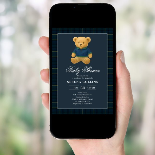 Preppy Teddy Bear Blue Baby Shower Invitation (Front Digital)