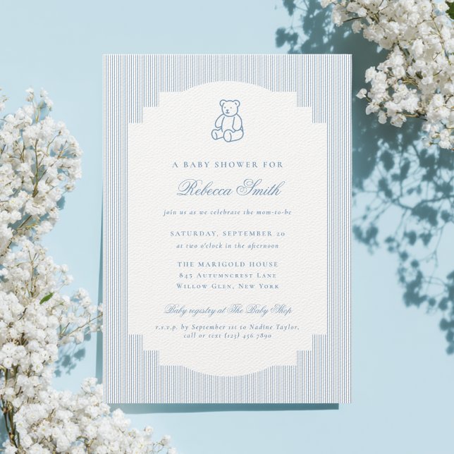 Preppy Teddy Bear Blue Boy Elegant Baby Shower Invitation (Creator Uploaded)