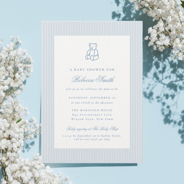 Preppy Teddy Bear Blue Boy Elegant Baby Shower Invitation (Creator Uploaded)