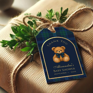 Preppy Teddy Bear Blue Plaid Thank You Baby Shower Gift Tags