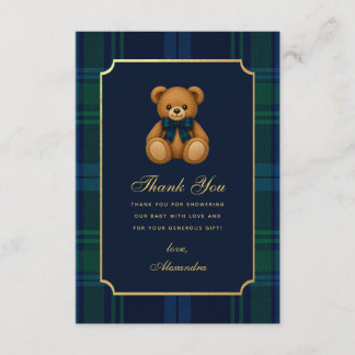 Preppy Teddy Bear Blue Tartan Baby Boy Shower Thank You Card
