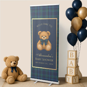 Preppy Teddy Bear Blue Tartan Gold Baby Shower Retractable Banner