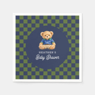 Preppy Teddy Bear Checkboard Baby Shower Napkins