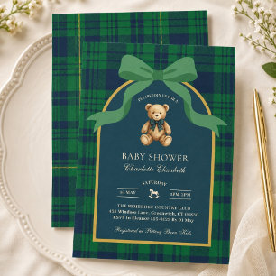Preppy Teddy Bear Gingham Plaid Baby Shower Invitation