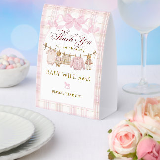 Preppy Teddy Bear Girl Baby Shower Plaid Bow Favor Paper Table Tent