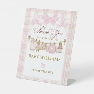 Preppy Teddy Bear Girl Baby Shower Plaid Bow Favor Pedestal Sign