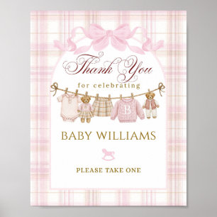 Preppy Teddy Bear Girl Baby Shower Plaid Bow Favor Poster
