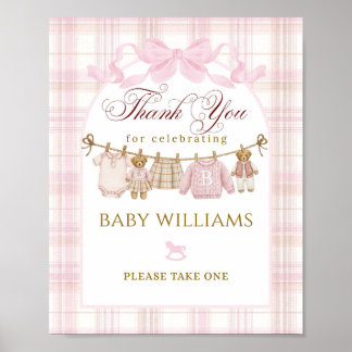 Preppy Teddy Bear Girl Baby Shower Plaid Bow Favor Poster
