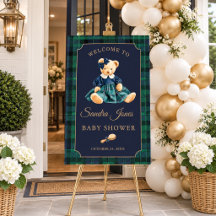 Preppy Teddy Bear Girl Baby Shower Welcome Sign