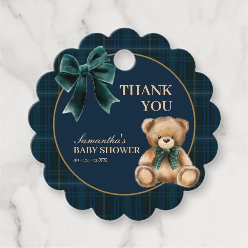 Preppy Teddy Bear Green Plaid Baby Shower Favor Tags