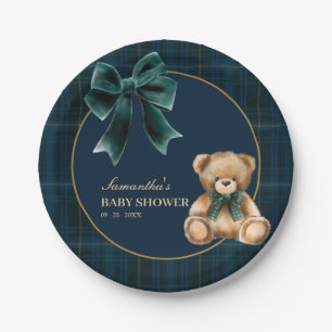 Preppy Teddy Bear Green Plaid Baby Shower Paper Plates