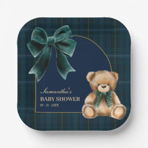 Preppy Teddy Bear Green Plaid Baby Shower Paper Plates