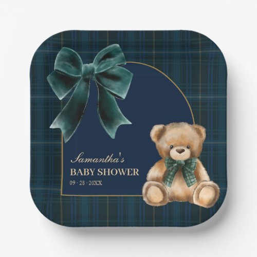 Preppy Teddy Bear Green Plaid Baby Shower Paper Plates