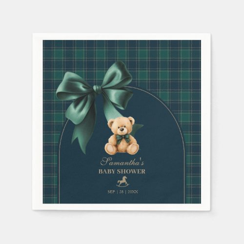 Preppy Teddy Bear Green Plaid Boy Baby Shower Napkins