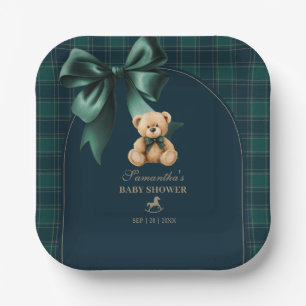 Preppy Teddy Bear Green Plaid Boy Baby Shower Paper Plates
