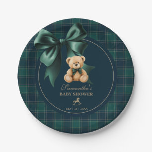 Preppy Teddy Bear Green Plaid Boy Baby Shower Paper Plates