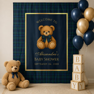 Preppy Teddy Bear Navy Tartan Baby Shower Backdrop