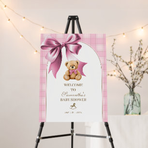 Preppy Teddy Bear Pink Baby Shower Welcome Sign