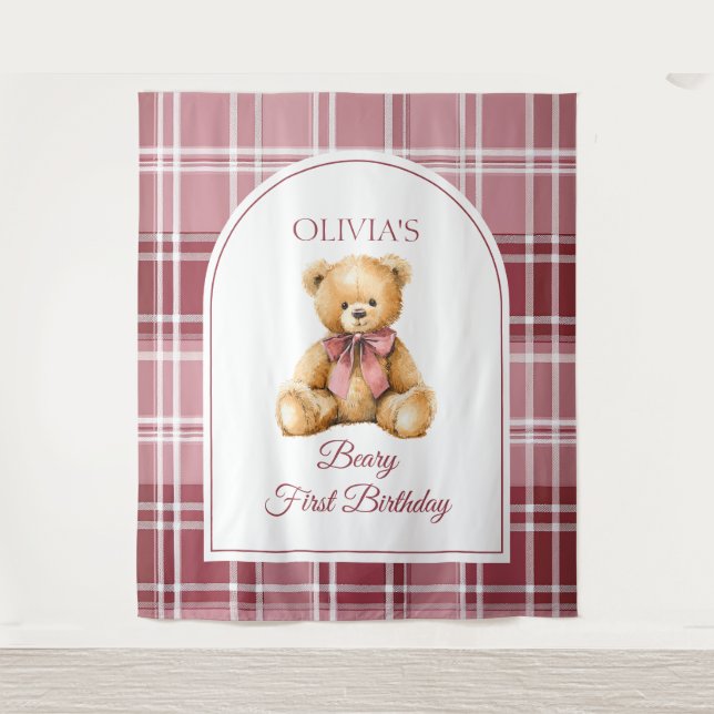 Preppy Teddy Bear Pink Bow Birthday Photo Backdrop (Front)