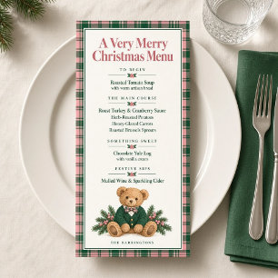 Preppy Teddy Bear Pink Green Plaid Christmas Menu