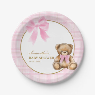 Preppy Teddy Bear Pink Plaid Baby Shower   Paper Plates