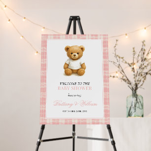 Preppy Teddy Bear Pink Plaid Baby Shower Welcome Foam Board