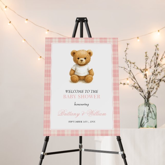 Preppy Teddy Bear Pink Plaid Baby Shower Welcome Foam Board (In Situ (Stand))