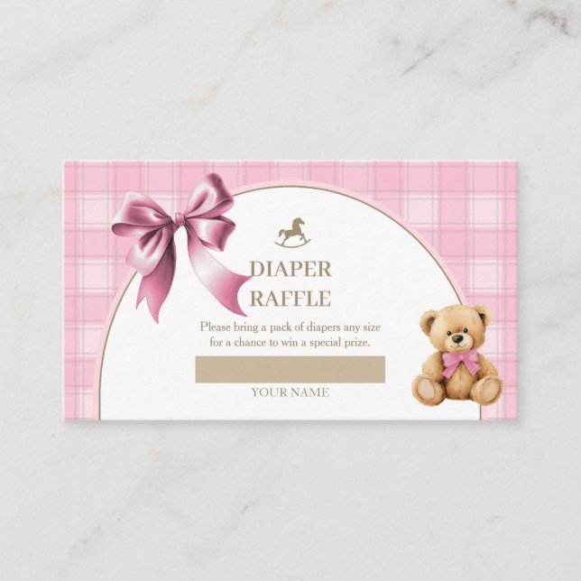 Preppy Teddy Bear Pink Plaid Diaper Raffle Insert  (Front)
